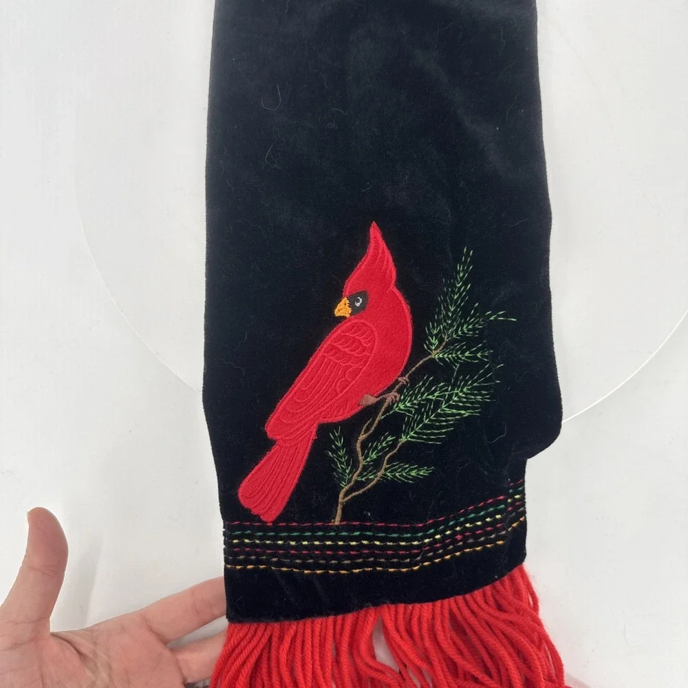 Black Velvet Embroidered Scarf W/ Cardinal Bird & Pond Branch &‎ Red Fringe